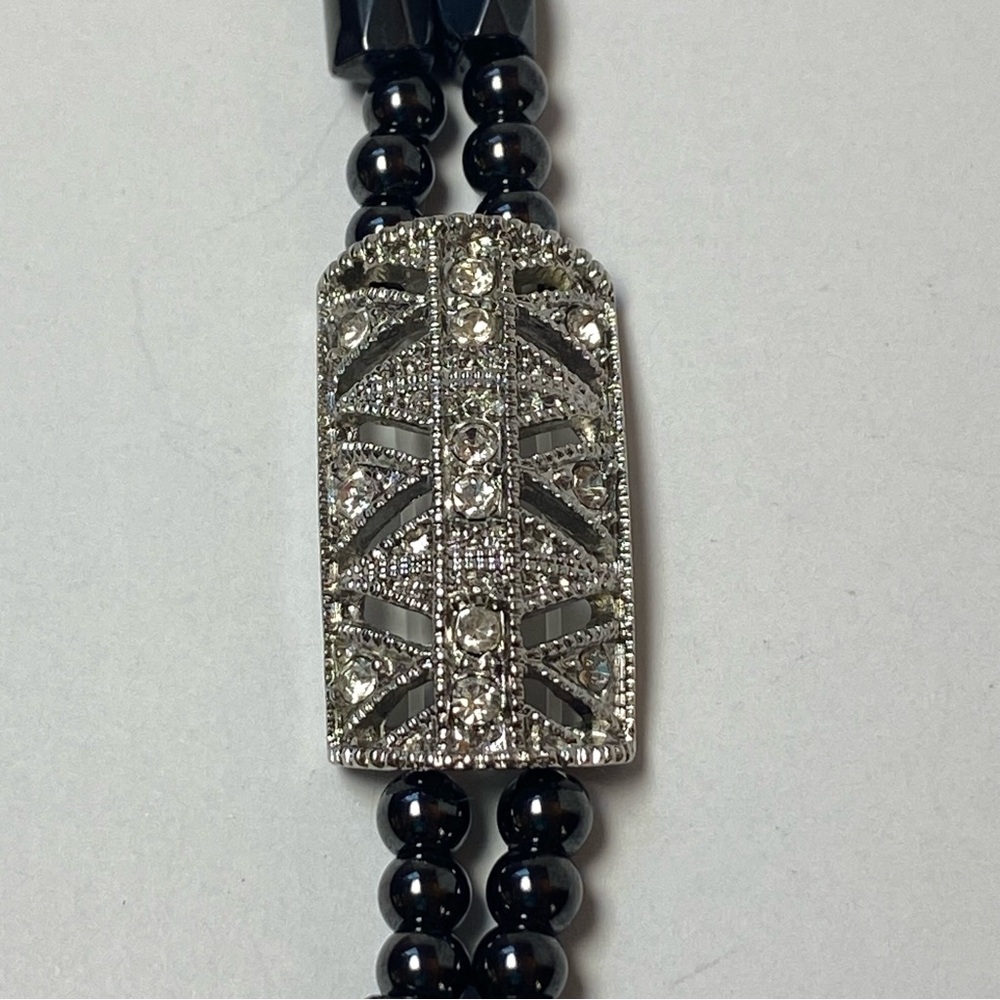 Art Deco Style Silver Tone Rhinestone Double Strand Magnetic Hematite Bracelet‎ - Picture 7 of 9